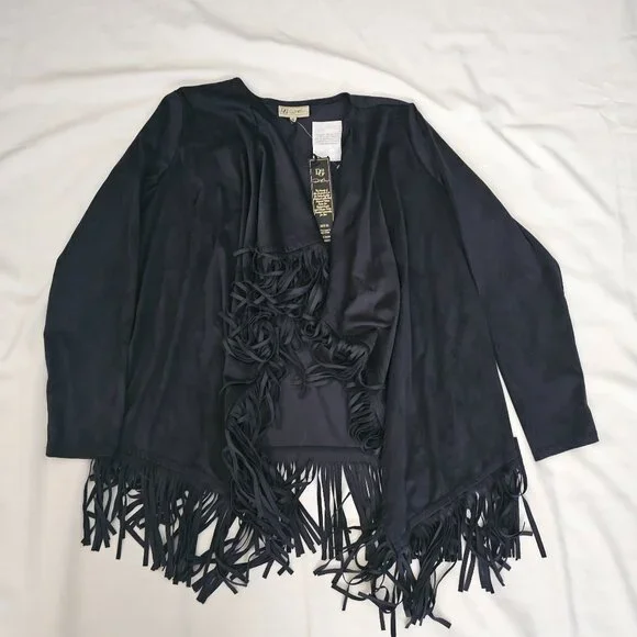 DG2 By Diane Gilman Women's Black Fringed Trim Open Front Cardigan Size XL NWT - Picture 3 of 13